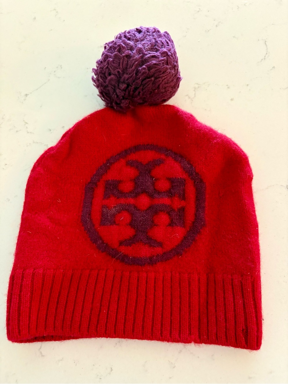 Tory Burch Red Knit Beanie with Purple Pom